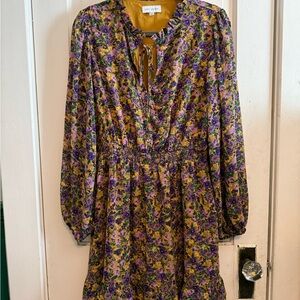 Long-Sleeve Floral Ruffle Dress in Mustard & Purple